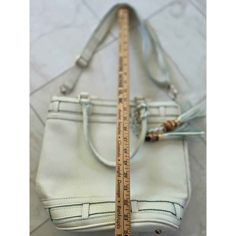 Pebbled Leather Tote Bag Mint Green Bamboo Tassel Crossbody Handbag - Picture 6 of 11
